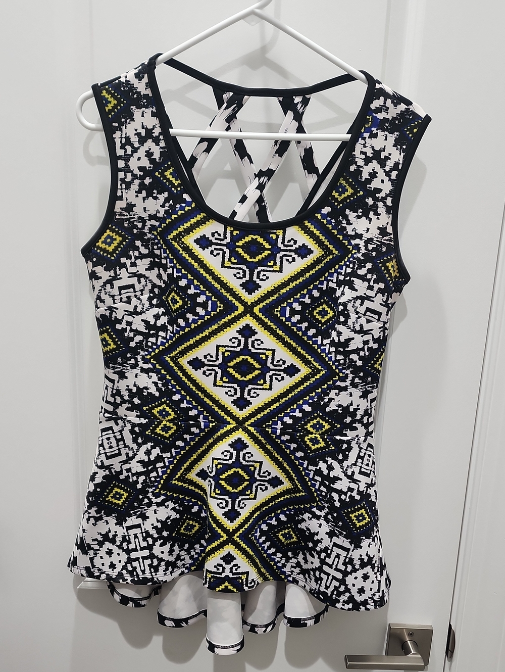 Bisou Bisou Black White Yellow Printed Tank with Crisscross Back
